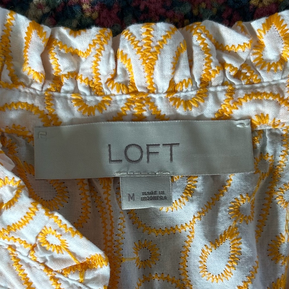Ann Taylor LOFT | Womens White/Orange Ruffle Collar/Cap Sleeve Embroidered Top M - Picture 14 of 16